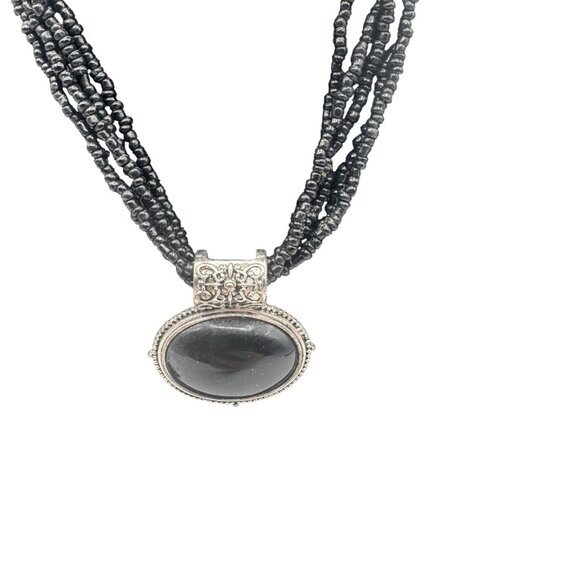 Black Beaded Necklace & Earring Set With Silver Accents And Oval Pendant - Picture 2 of 6